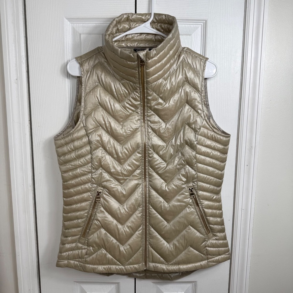 Calvin Klein Premium Down Puffer Vest Medium Gold Chevron Metallic Athleisure